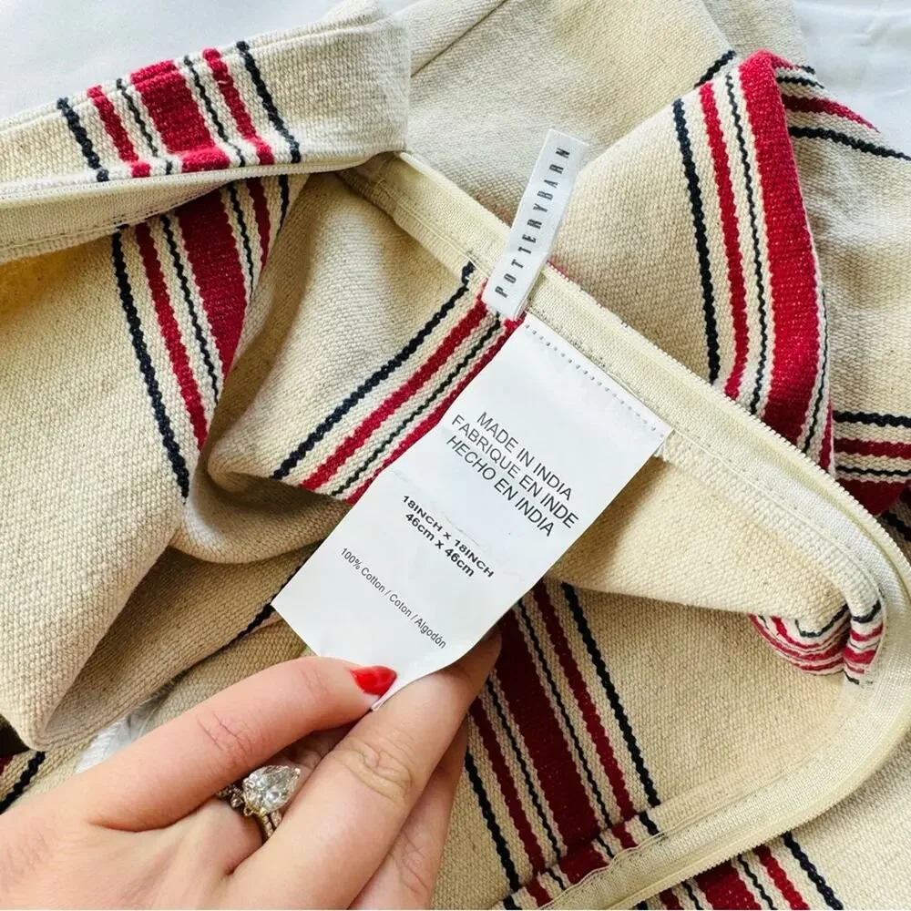 POTTERY BARN Red Black Tan Cream Bold Stripe Pattern Pillow Case Sham 20